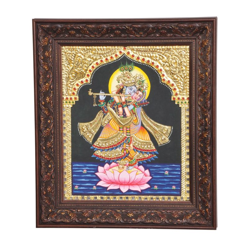 Radha–Krishna on the Sacred Lotus | Traditional Tanjore Art
