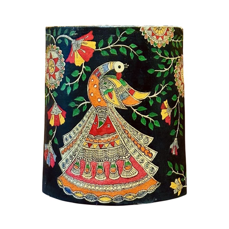 Mayura – Ornamental Grace | Madhubani Art on Cylindrical Canvas