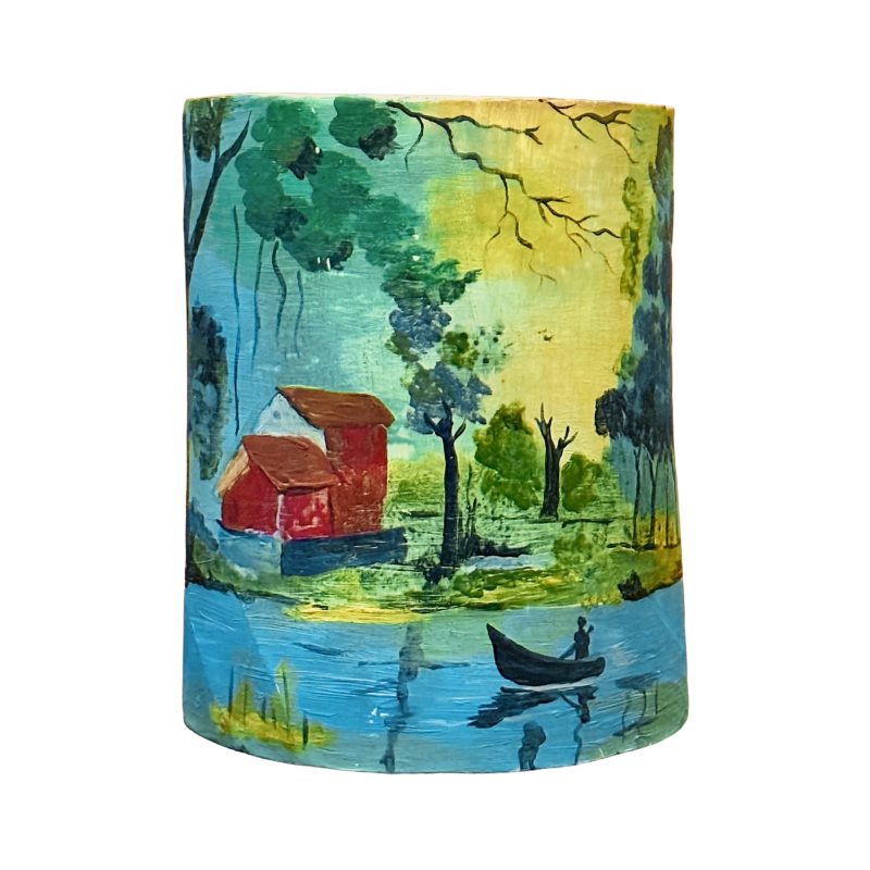 Quiet Waters – A Serene Countryside Landscape | Acrylic on Cylindrical Canvas