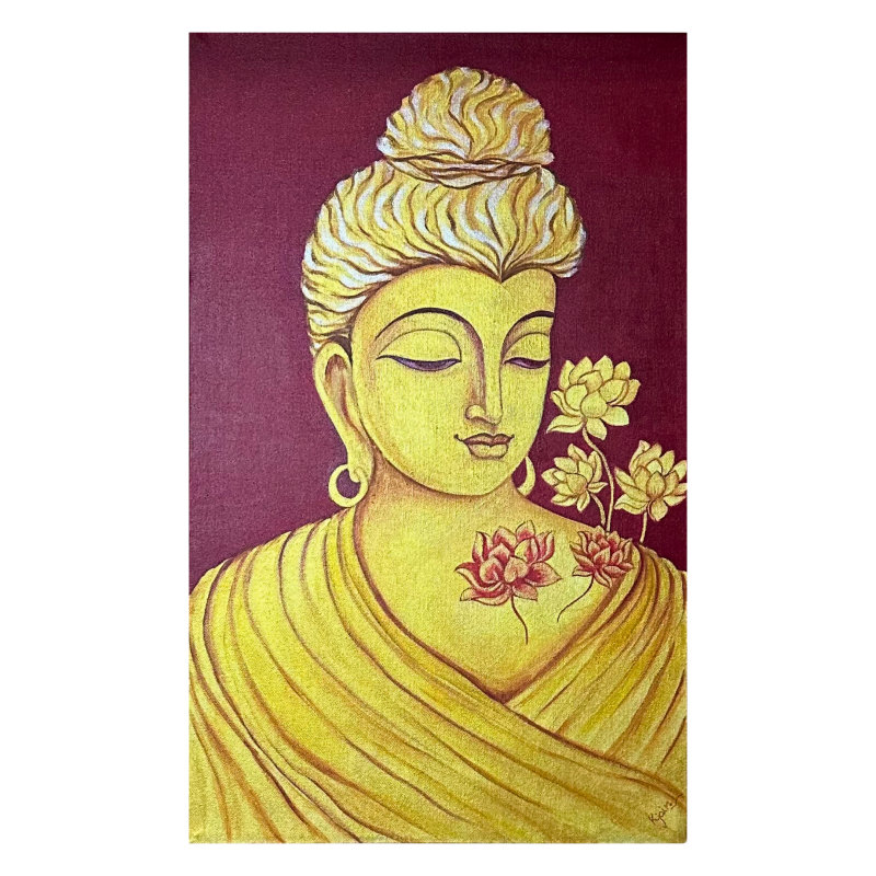 Golden Tranquillity — The Buddha in Bloom | Acrylic On Canvas