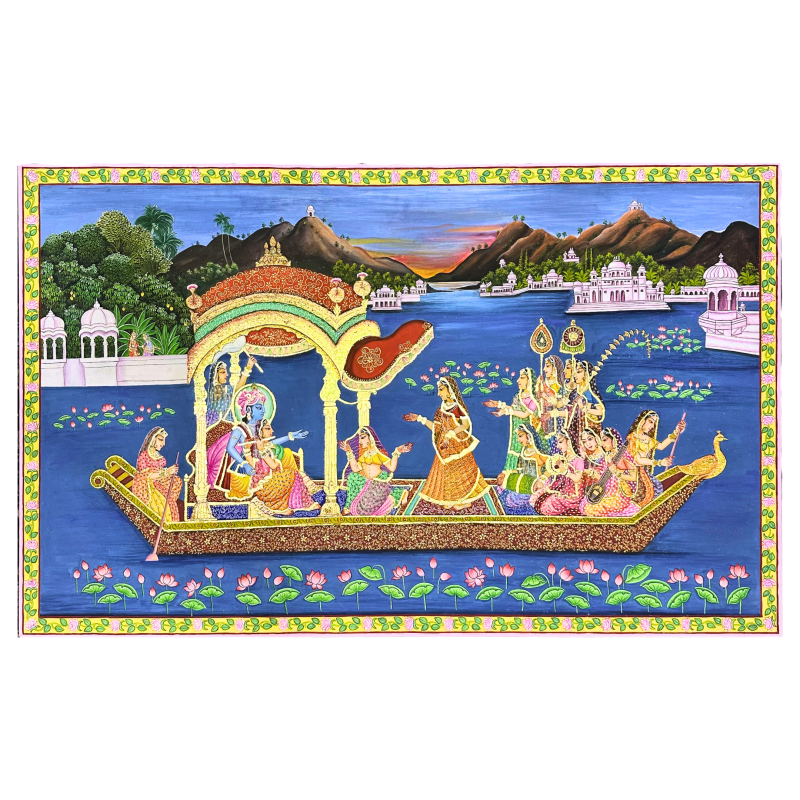 Divine Nauka Vihar of Radha Krishna on Sacred Waters | Traditional Pichwai Art