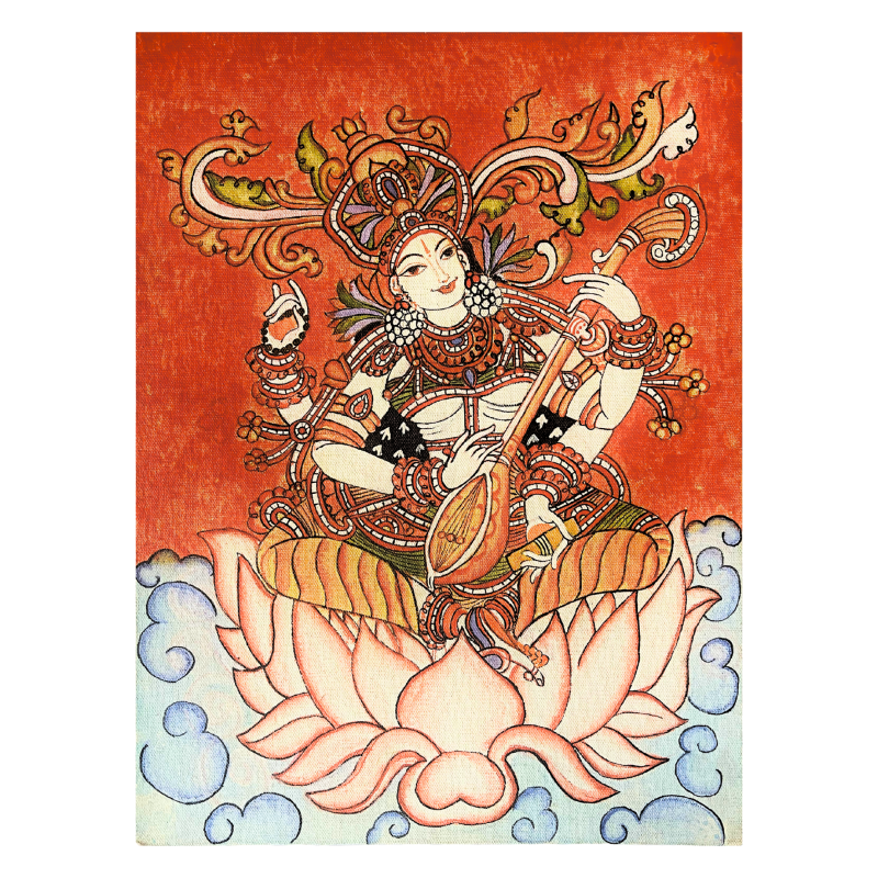 Veena Vadini – Goddess Saraswati | Kerala Mural on Canvas