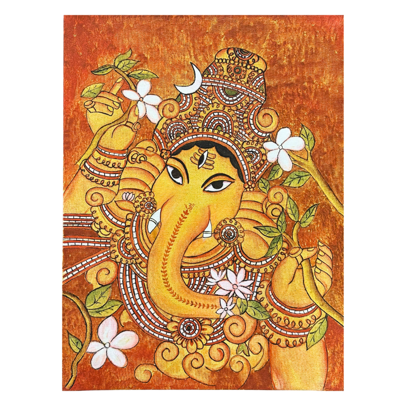 Pushpa Ganapati – Lord Ganesha with Floral Vines | Kerala Mural on Canvas